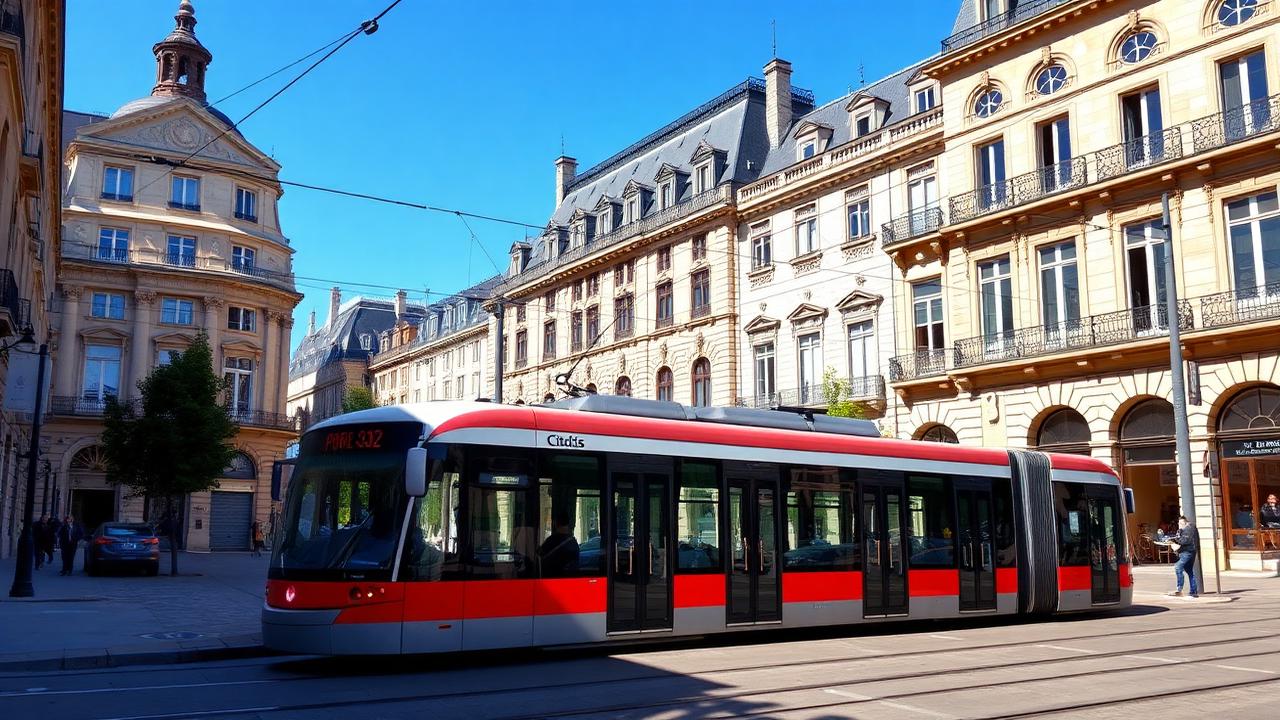 Tram de Bordeaux devant les façades classiques